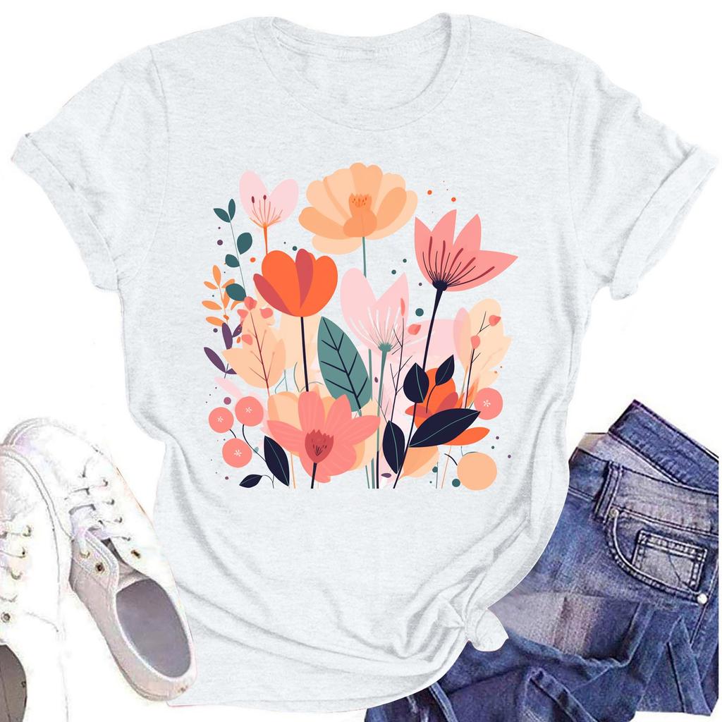 Женская повседневная футболка с круглым вырезом и цветочным принтом, короткий рукав