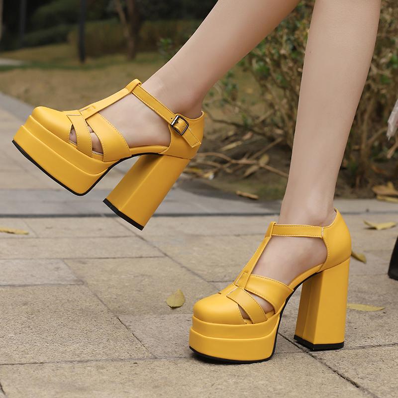Большого размера Высокая водонепроницаемая платформа Плетеный тонкий ремень С боковыми вырезами Модные сандалии Супер высокий толстый каблук Сандалии с Т-образным ремешком