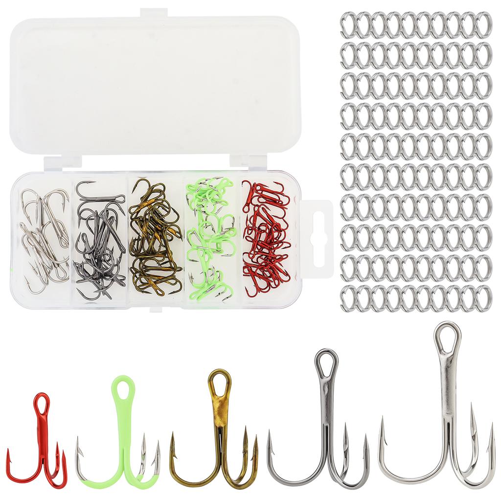 165pcs High Carbon Steel Barbed Treble Hooks Connector Circle Set Assorted Sizes 2# 4# 6# 8#10# Triple Fishing Hook with Storage Box