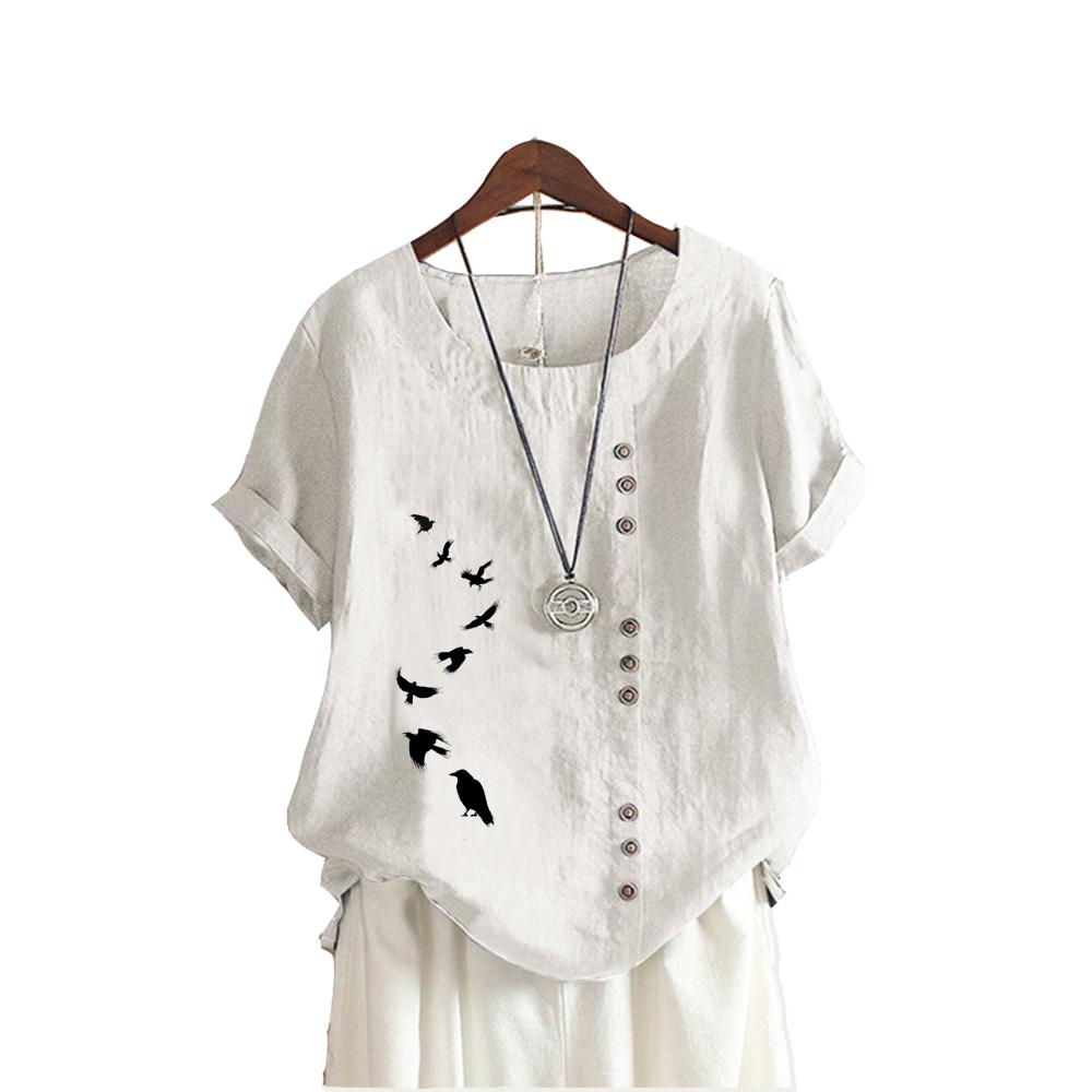 Женская свободная рубашка большого размера, женская повседневная блузка с круглым воротником и принтом, летняя модная блузка с коротким рукавом