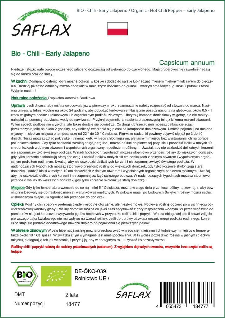 SAFLAX Сад в сумке - Органический - Острый перец чили - Ранний халапеньо - 20 семян - С субстратом в подходящем стоячем мешке - Capsicum annuum