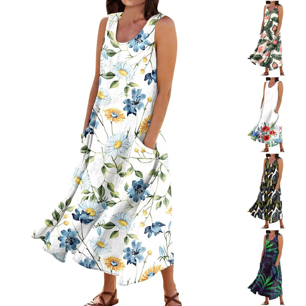 Женское летнее свободное свободное платье с круглым вырезом и цветочным принтом без рукавов, большое свободное платье с карманами