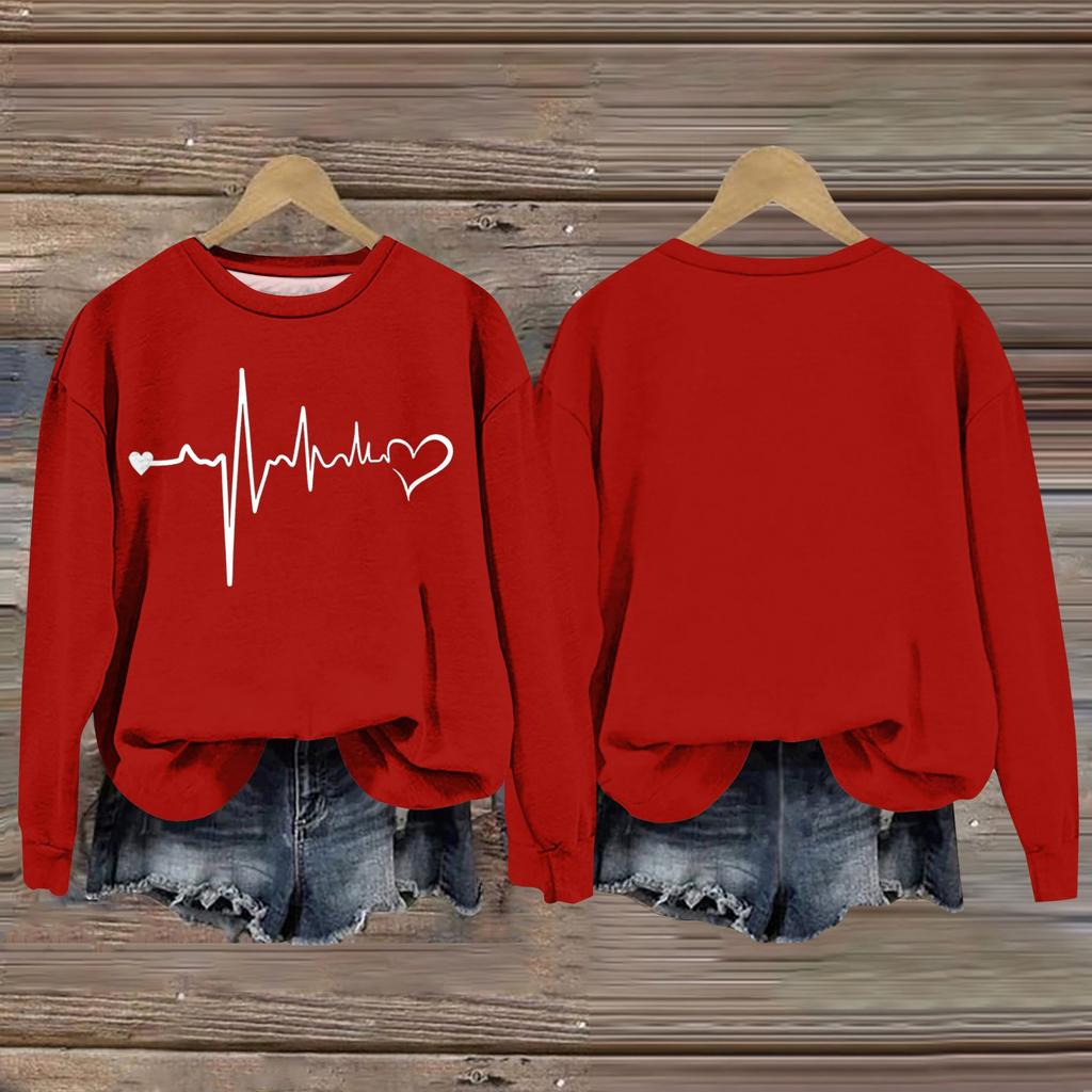 Женская мода День святого Валентина Печатный длинный рукав свободный круглый вырез толстовка Топ осень