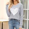 Womens Loose Fit Knit Sweater Long Sleeve Round Neck Heart Embroidery Fall Winter