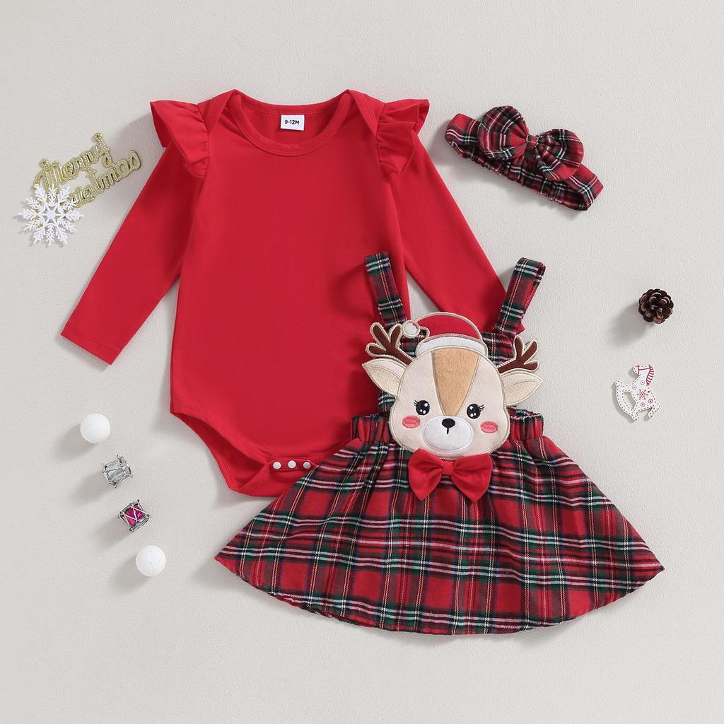 Infant Girl Christmas 3Pcs Outfit Ruffled Long Sleeve Romper A-Line Elk Embroidery Plaid Skirt Bow Headband Set
