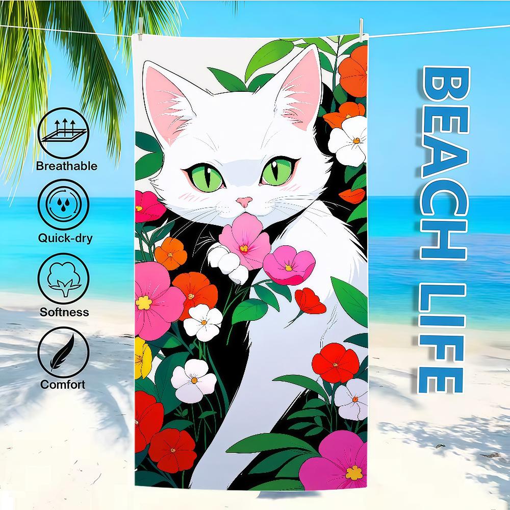 Towel Textile Flowers Bathrobe Beach Cat Surrounded Quick-Drying Adorable Lightweight Portable White Camping Swim Pool Travel