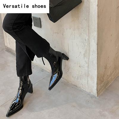 Острый носок женские ботильоны модные элегантные лакированные туфли на толстом каблуке женские современные короткие ботильоны