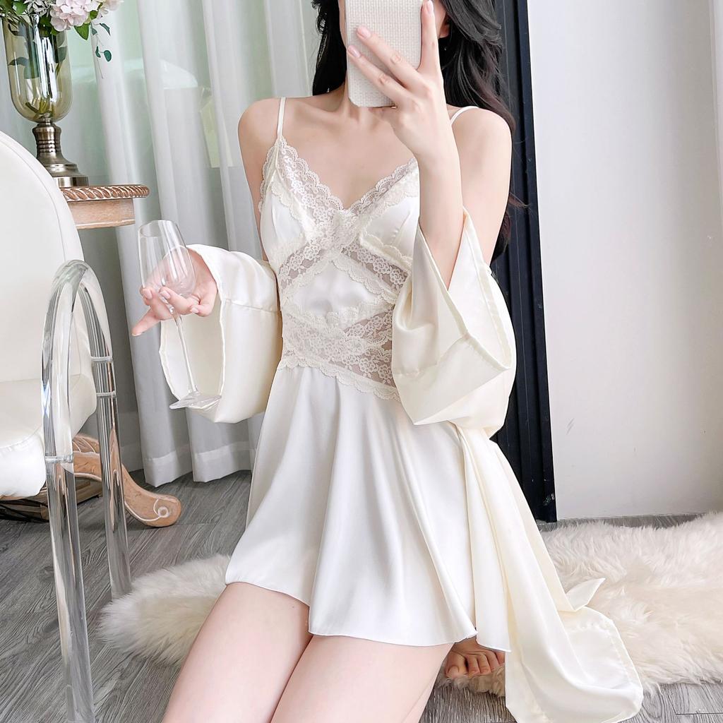 New French lace suspender nightdress women's summer ice silk two-piece set sexy temptation V-collar loungewear set can be outside