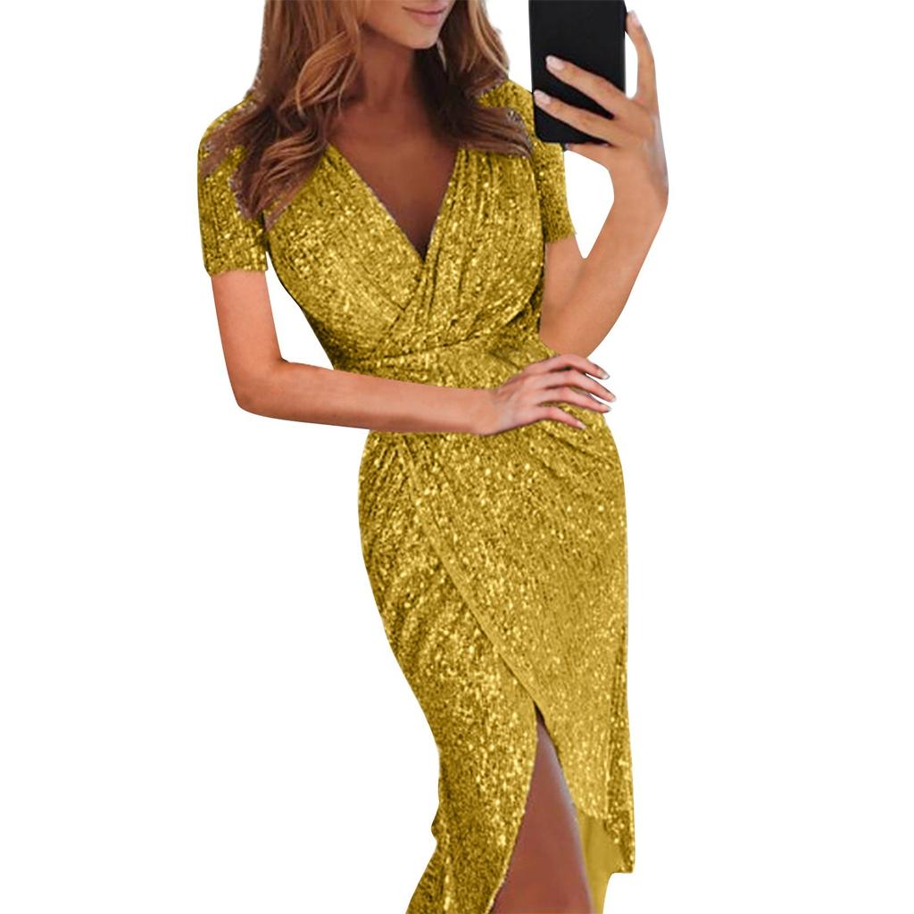 Women's Dress Hot Stamping Short-sleeved V-neck Party Dinner Sexy Dress