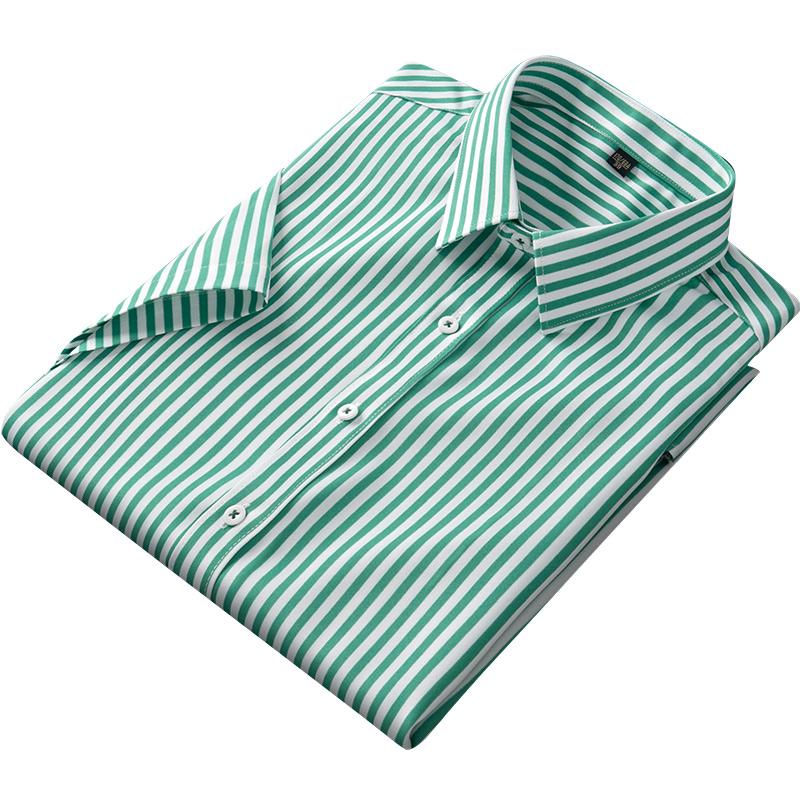 Short Sleeve Striped Men Stretch Work Shirt Non-Iron Summer Easy Care Male Tops Without Front Pocket