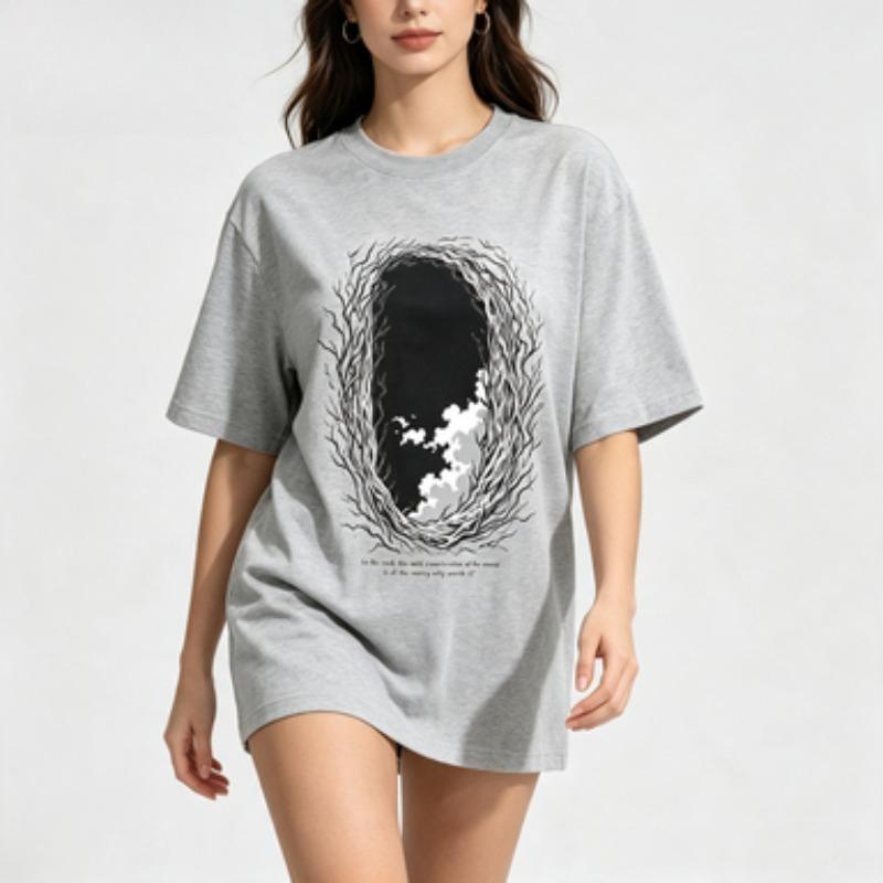 Gothic Vintage Unisex Cotton T Shirt Twig Portal Cloud Line Art Graphic Dark Quote Casual Loose Fit Short Sleeve Tops