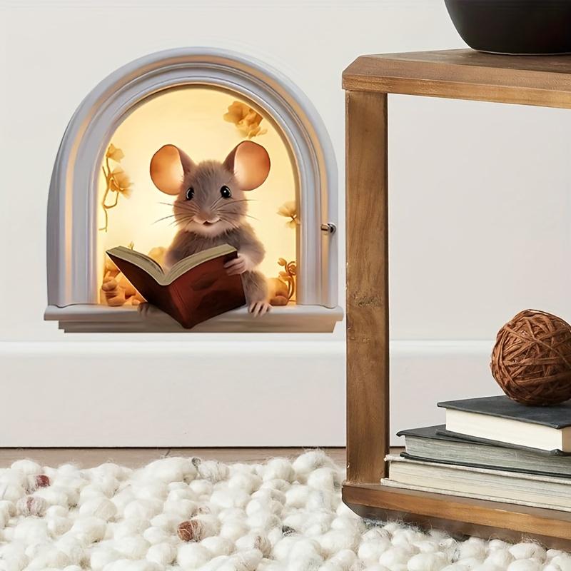 3D Мышь Читает Книгу в Мышиной Норе, Наклейка-Декаль, Съемный Декор Стен, Идея Подарка для Любителя Книг, Плинтус, Наклейка-Декаль на Стену, Детская Комната, Классная Комната