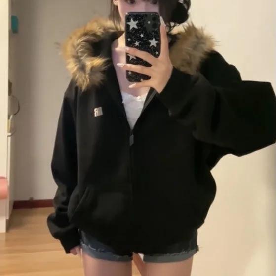Women Black Thick Zip Up Hoodies Vintage Korean Preppy Style Faux Fur Coat Oversized Casual Sweatshirt Harajuku Autumn Winter
