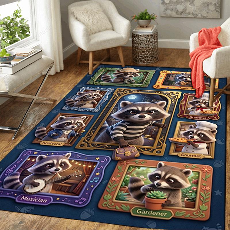 Raccoon Adventures Frames Pattern Rug Floor Mat for Living Room or Bedroom Soft and Comfortable Carpet a Gift for Birthday and Holiday.