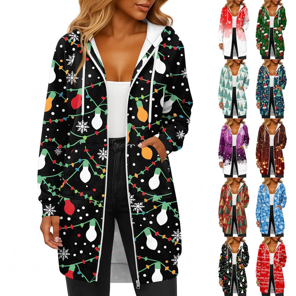 Women's Fashionable Christmas Printed Long Sleeved Drawstring Hooded Zipper Pocket Long Casual Sweatshirt Jacket