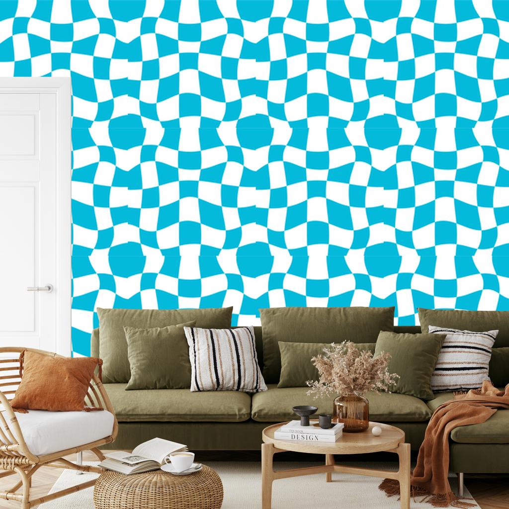 Wallpaper Casual Checkerboard Turquoise and White for Living Room and Bedroom 50x1000