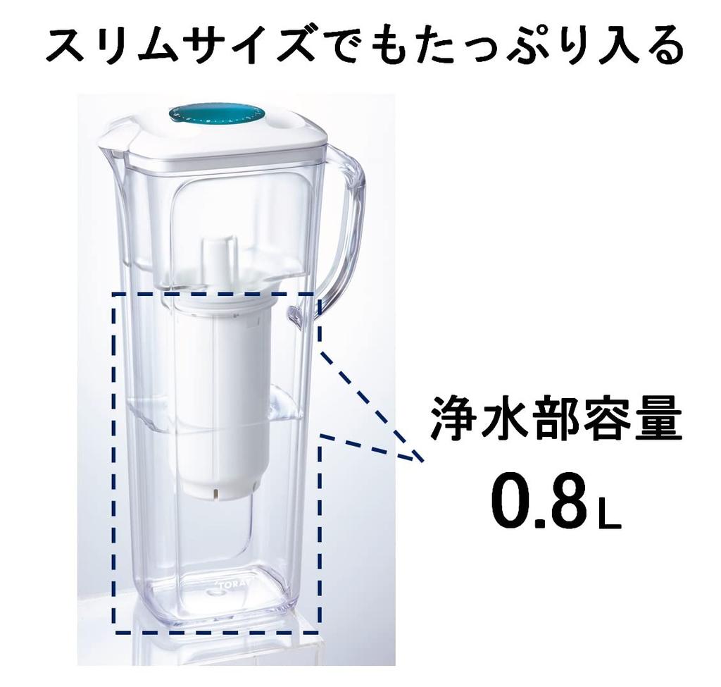 [Эксклюзивно на Amazon.co.jp] Кувшин-фильтр для воды Toray Trevino (Высокоскоростная фильтрация) Компактный [Помещается в карман дверцы холодильника] Сделано в Японии