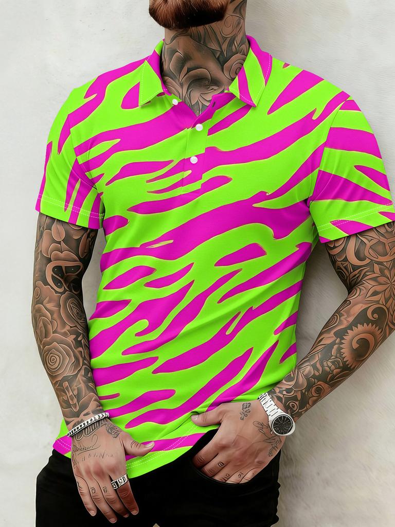 Men's Short-Sleeve Polo Shirt with Zebra Stripe Lapel Collar - Full-Zebra Print Button-Up Button Collar Shirt, Machine Washable Summer Beachwear