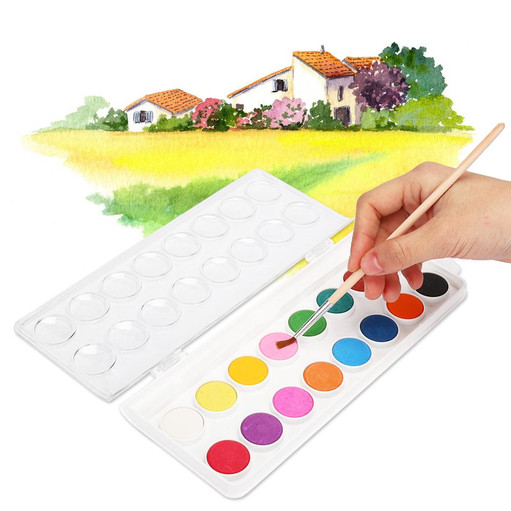 2 Коробки 16 Цветов Твердая Акварельная Краска Компактный Пигмент с Кистью Практика Рисования Художественные Принадлежности