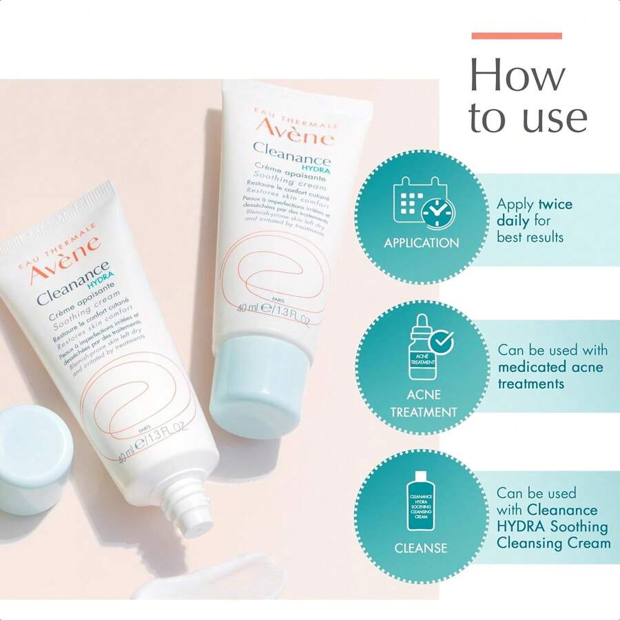 Avene Cleanance HYDRA Успокаивающий крем, Насыщенный увлажняющий крем, Дополнительный уход для подсушивающего лечения акне