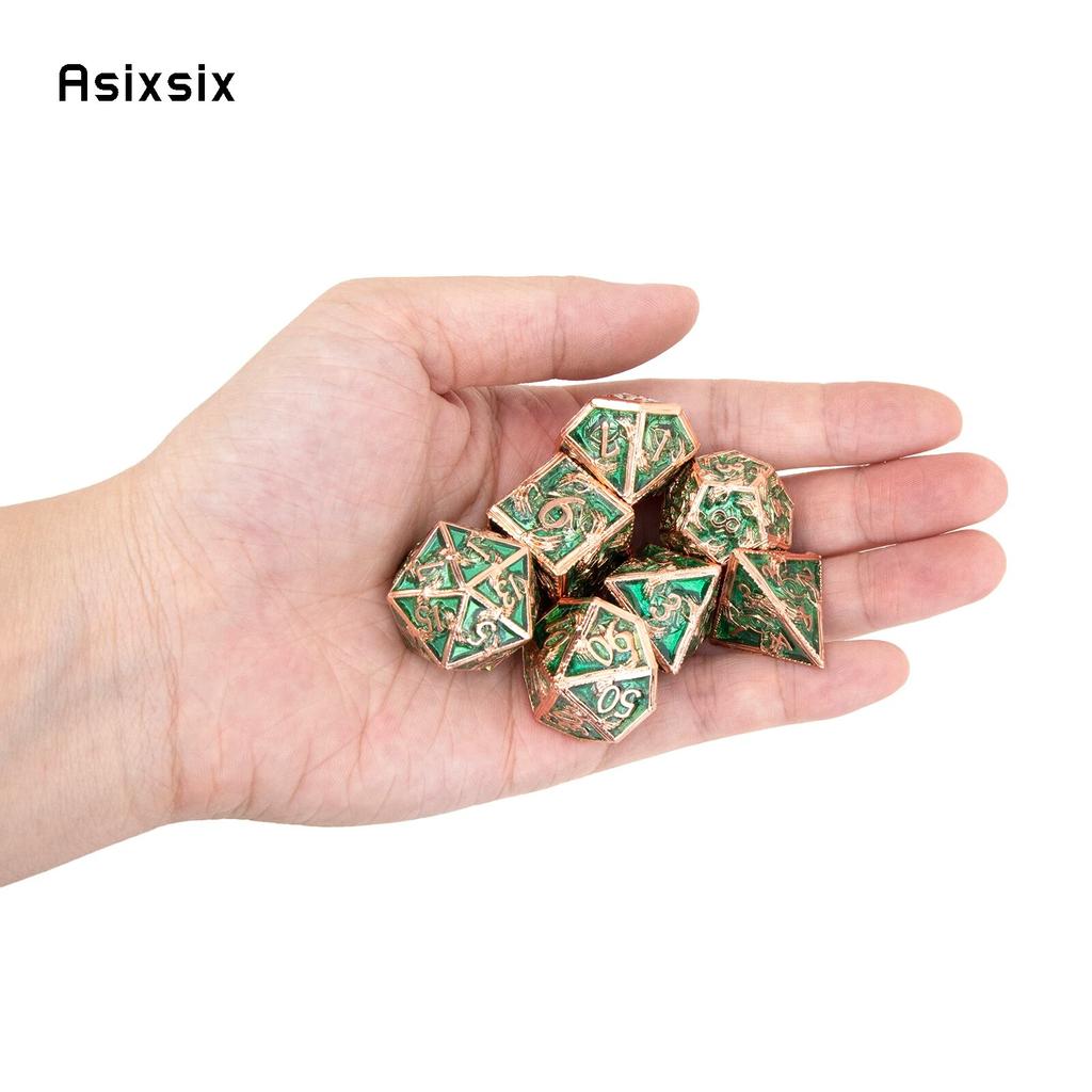 7 Pcs Golden Green Hand Metal Dice Solid Metal Polyhedral Dice Set Suitable for Role-Playing RPG Board Game Card Game