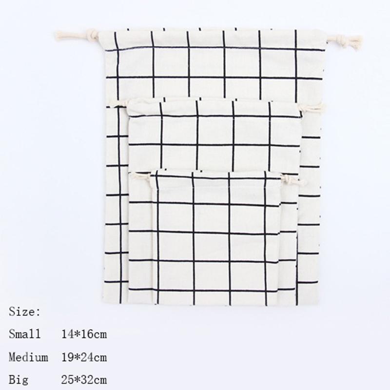 3 Pcs/set Simple Cotton Linen Lattice Drawstring Bag Travel Jewelry Phone Cosmetic Canvas Storage Bag