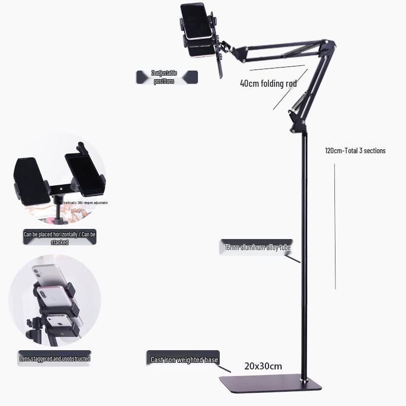 Cantilever Multi-Camera Floor Stand with Long Arm for Top-Down Shots & Multi-Platform Phone Holder in Mirror Live Streaming & Photography