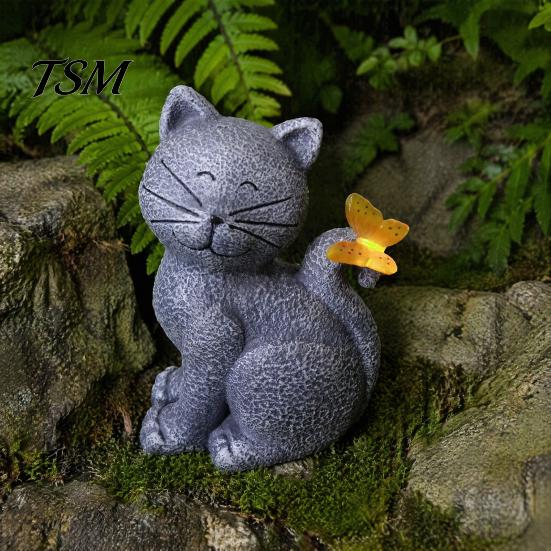 Decorative Lawn Ornament for Patio Solar Cat Garden Statue, Cute Sculpture with Butterfly Light, Atmospheric Landscape Lighting Waterproof Resin