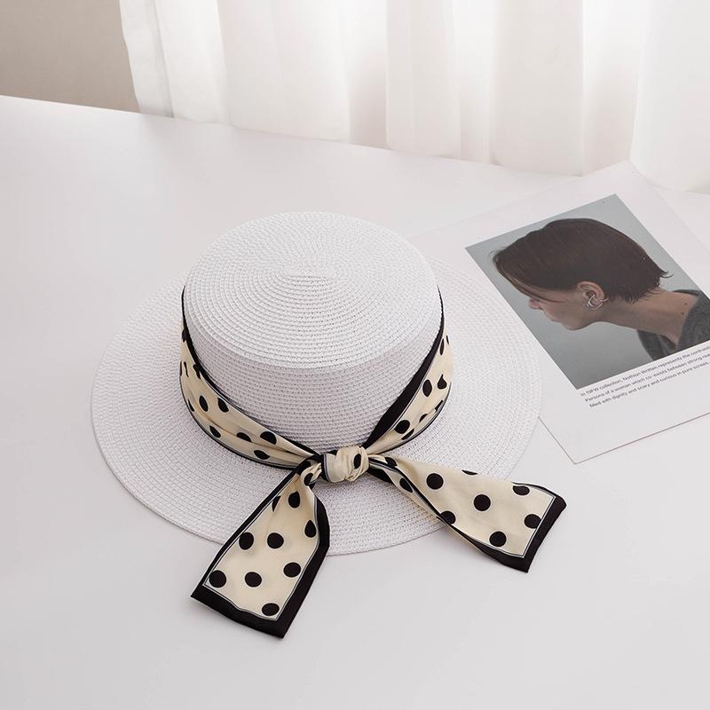 Модная соломенная шляпа в горошек для женщин, солнцезащитная праздничная пляжная шляпа, белая французская шляпа с плоским верхом, женская шляпа-бантик