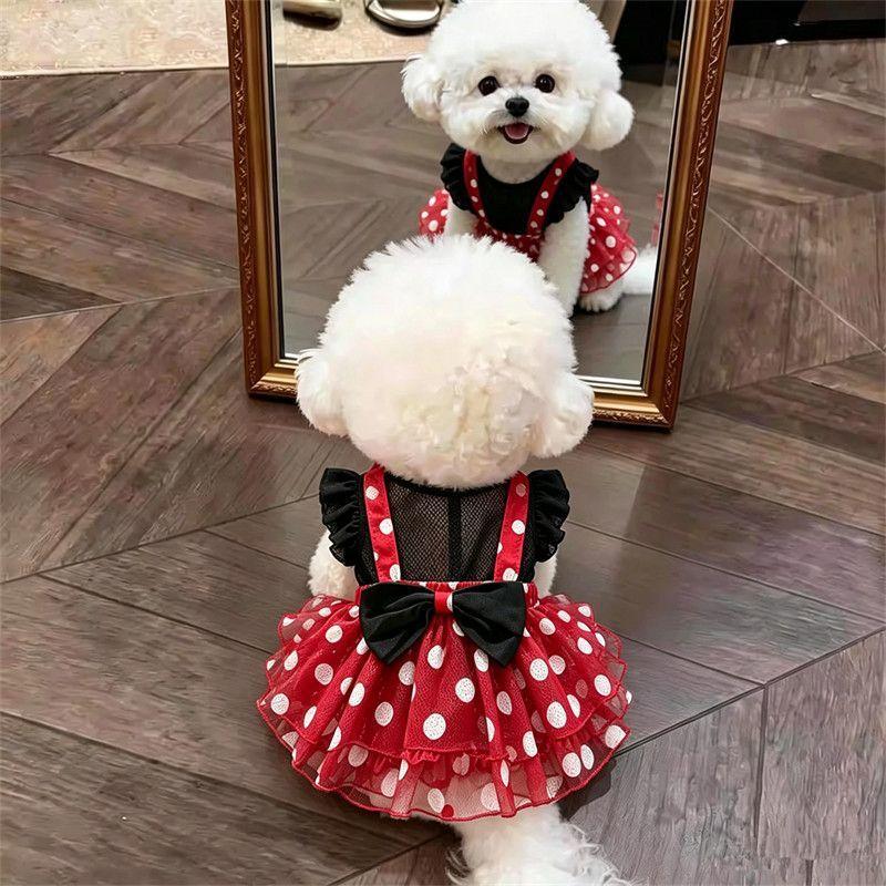 Dog clothes spring and autumn new fashion cute polka dot mesh dress small dog sun protection princess style suspender skirt