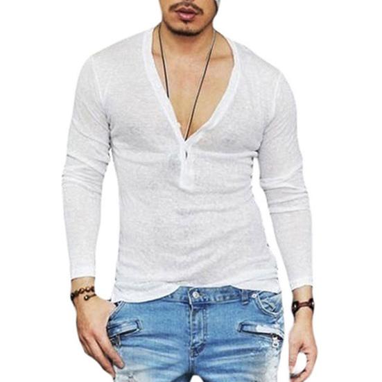Men T-shirt V-neck Buttons Half Placket Long Sleeve Tee Shirt Solid Color Slim Fit Regular Style Breathable Tops