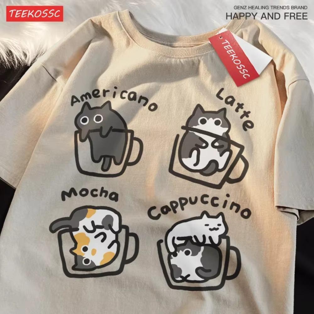 Футболка Cat Coffee Pure Cotton Trendy Summer Free Short Sleeves для мужчин и женщин Original Mocha Latte Cat Three Flowers Fun Cat Tees
