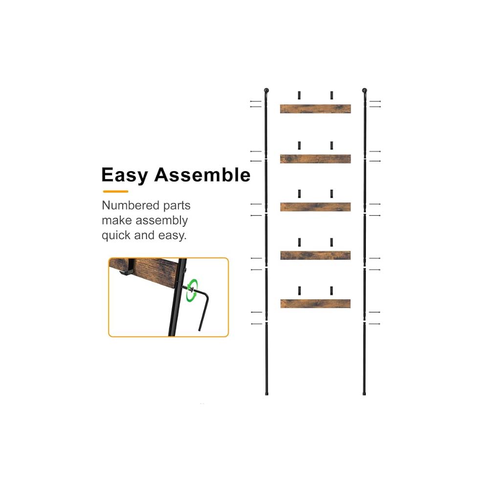 Деревенская коричневая 5-ярусная лестница для одеял с 10 крючками - Настенное хранение для гостиной, спальни и ванной комнаты