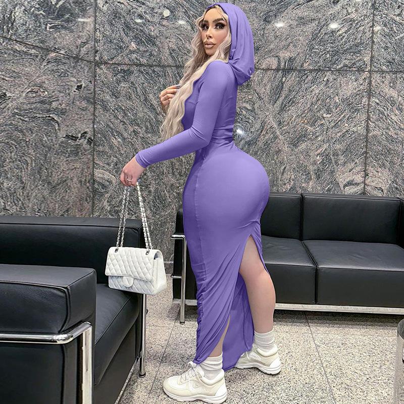 Облегающее платье макси с капюшоном и длинными рукавами, модное облегающее повседневное платье-футболка, осенне-зимнее длинное платье, черно-серое