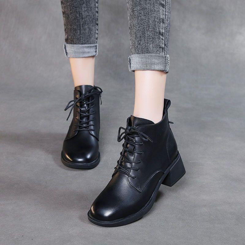 Короткие ботинки на толстом каблуке, женская хлопчатобумажная обувь, средний каблук, универсальные ботинки-мартины на шнуровке, женская обувь с высоким берцем в стиле ретро