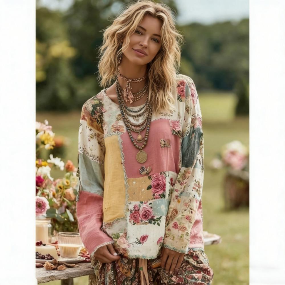 Модная женская футболка в богемном стиле, с цветными вставками, пуловер, одежда для Европы и Америки, женская, с длинным рукавом, для активного отдыха, повседневные футболки, топ