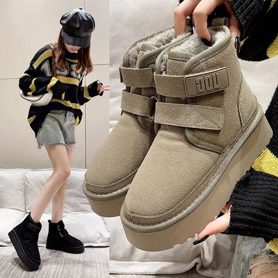Зимние женские ботинки для отдыха на открытом воздухе, женские теплые плюшевые туфли, классические ботинки на ультраплатформе из коровьей замши с мехом и липучкой