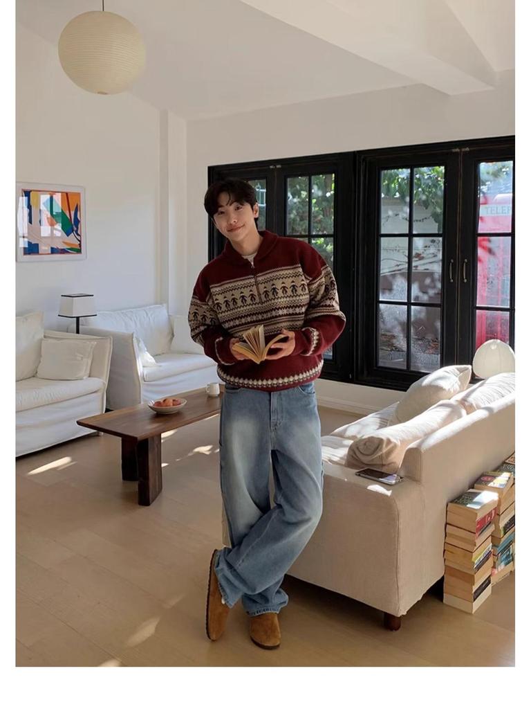 Мужской ретро красный свитер с лацканами, длинным рукавом и молнией до середины груди для осени и зимы