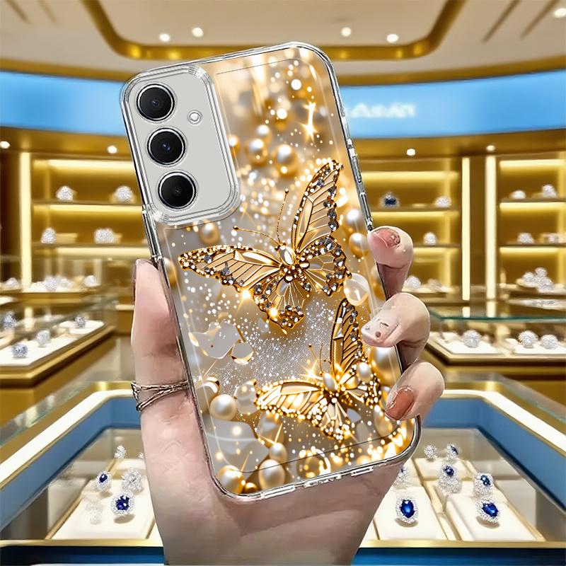 Золотая бабочка Алмазный узор Чехол для телефона для Samsung Galaxy S26 S25 S24 S23 S22 S21 S20 fe/plus/Ultra Прозрачный противоударный