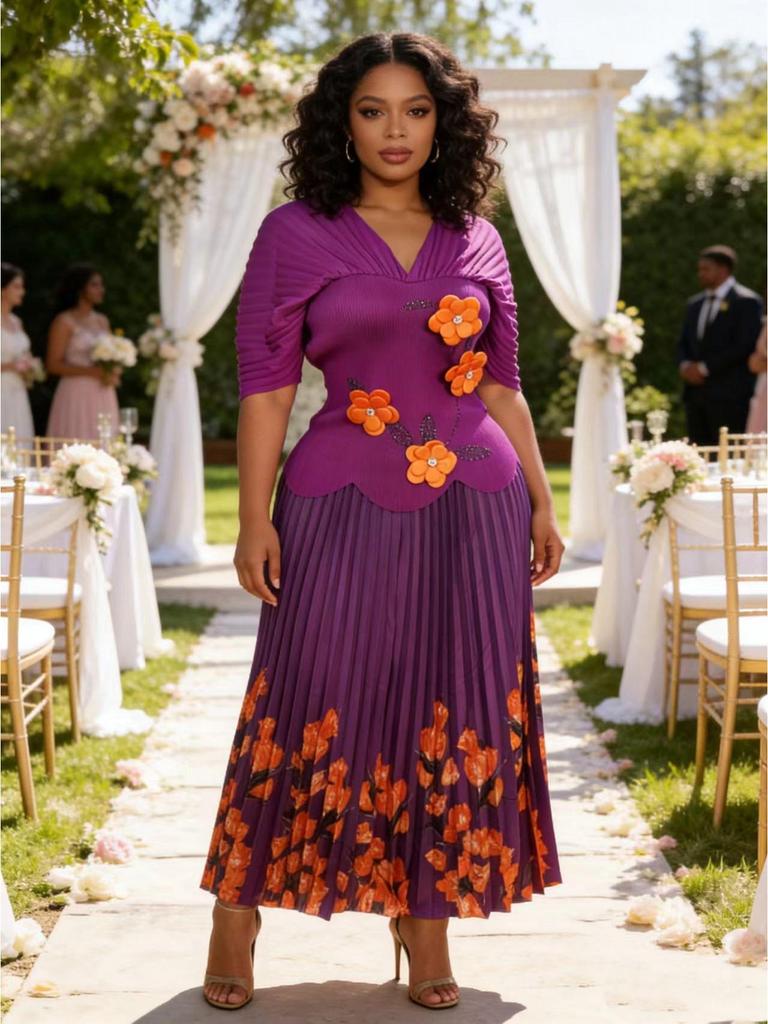 Элегантный набор Miyake Pleats Большого размера с рукавами-пузырями и цветочным дизайном со стразами