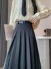 Women's High-Waist Wool Blend Midi Skirt with Slimming Belt - Autumn/Winter Plus Size Retro Pleated Design