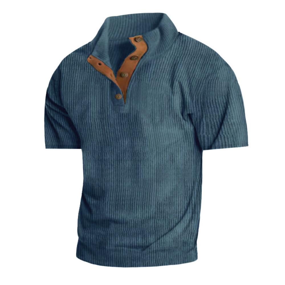 Men's Summer Casual T-shirt Button Stand-up Collar Tees Solid Color Loose Corduroy Short Sleeves Soft Skin-friendly