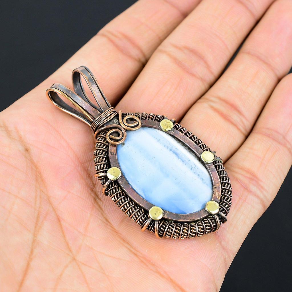 Owyhee Opal Gemstone Pure Copper Wire Wrapped Handmade Pendant Jewelry