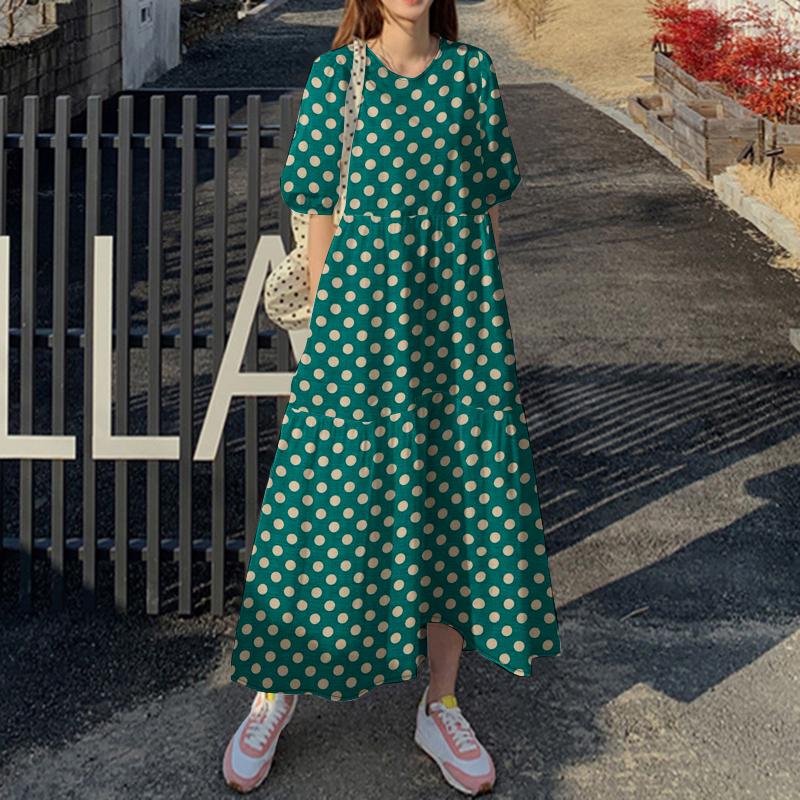 ZANZEA Женское повседневное платье с круглым вырезом и коротким рукавом в горошек