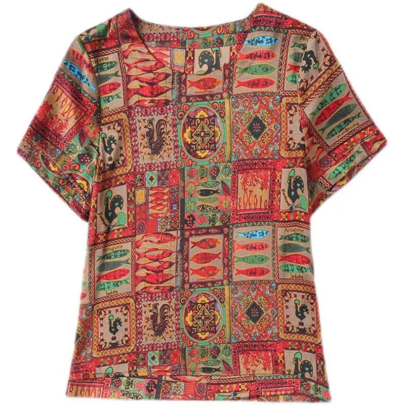 Летняя футболка из ледяного шелка, женская верхняя одежда с короткими рукавами, нижняя рубашка большого размера с принтом в этническом стиле, новая одежда для матерей среднего возраста