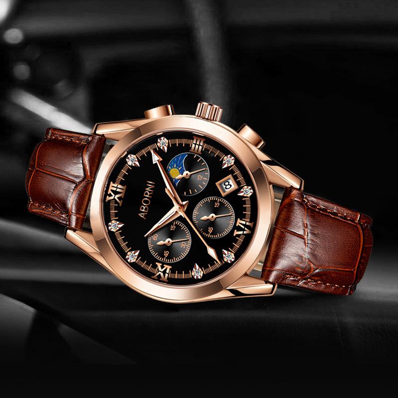 ABORNI Роскошные мужские наручные часы с хронографом, водонепроницаемые, светящиеся, мужские часы из кожи, высококачественные спортивные кварцевые часы для мужчин