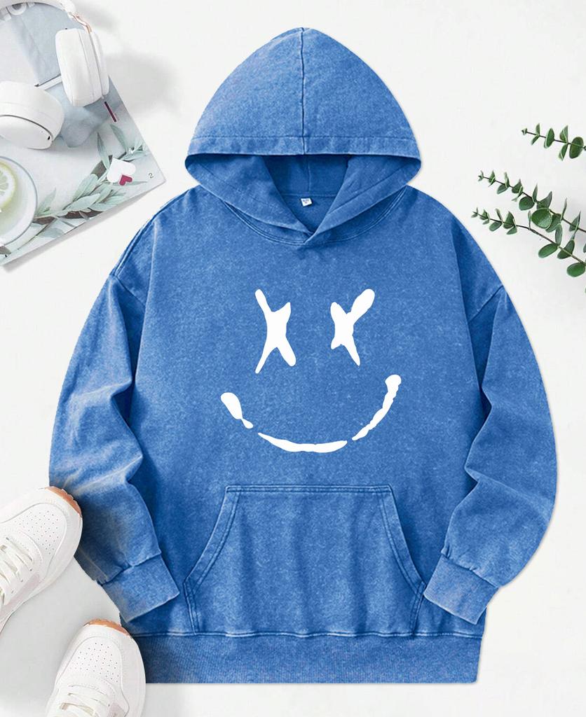 Creative Smiling Printed Washed Hoodies Women Hip Hop Cotton Streetwear Autumn Fashion Clothes Casual Hoody