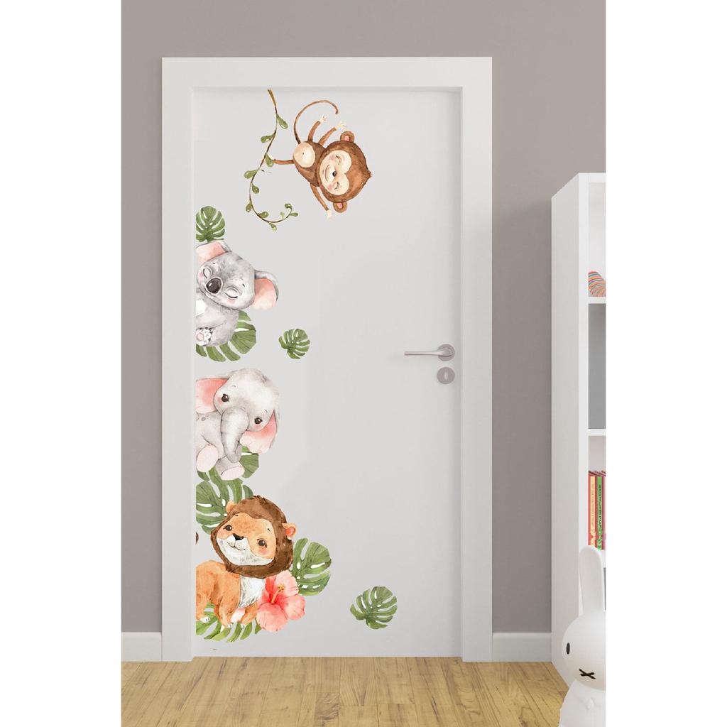 - Door Sticker - Watercolor Tropical Safari Animals Kids Room Door Sticker Set
