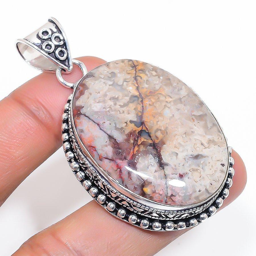 Natural Silver Leaf Jasper 925 Sterling Silver Jewelry Pendant 2.36" V4w24