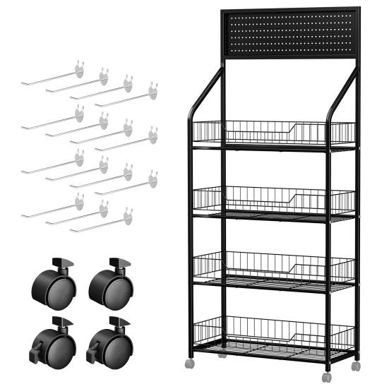 Snack Display Organizer 4/5 Tier Retail Rack Black Metal Candy Storage Shelf Cart with Wheels Wire & 15 Hooks Heavy-Duty Potato Chip Stand